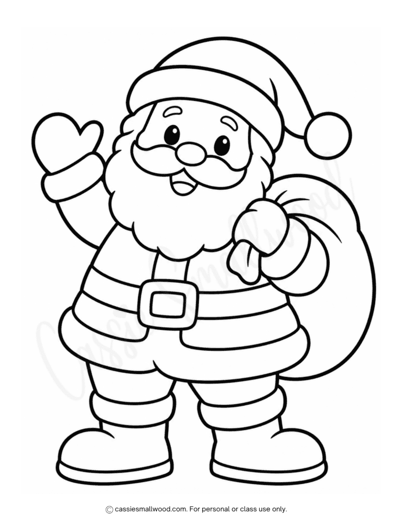 easy Santa Christmas coloring page free printable pdf, Preschool Santa Claus coloring page, kawaii Christmas coloring page for kids, cute Christmas coloring sheet kindergarten, toddler Christmas easy coloring page downloadable pdf
