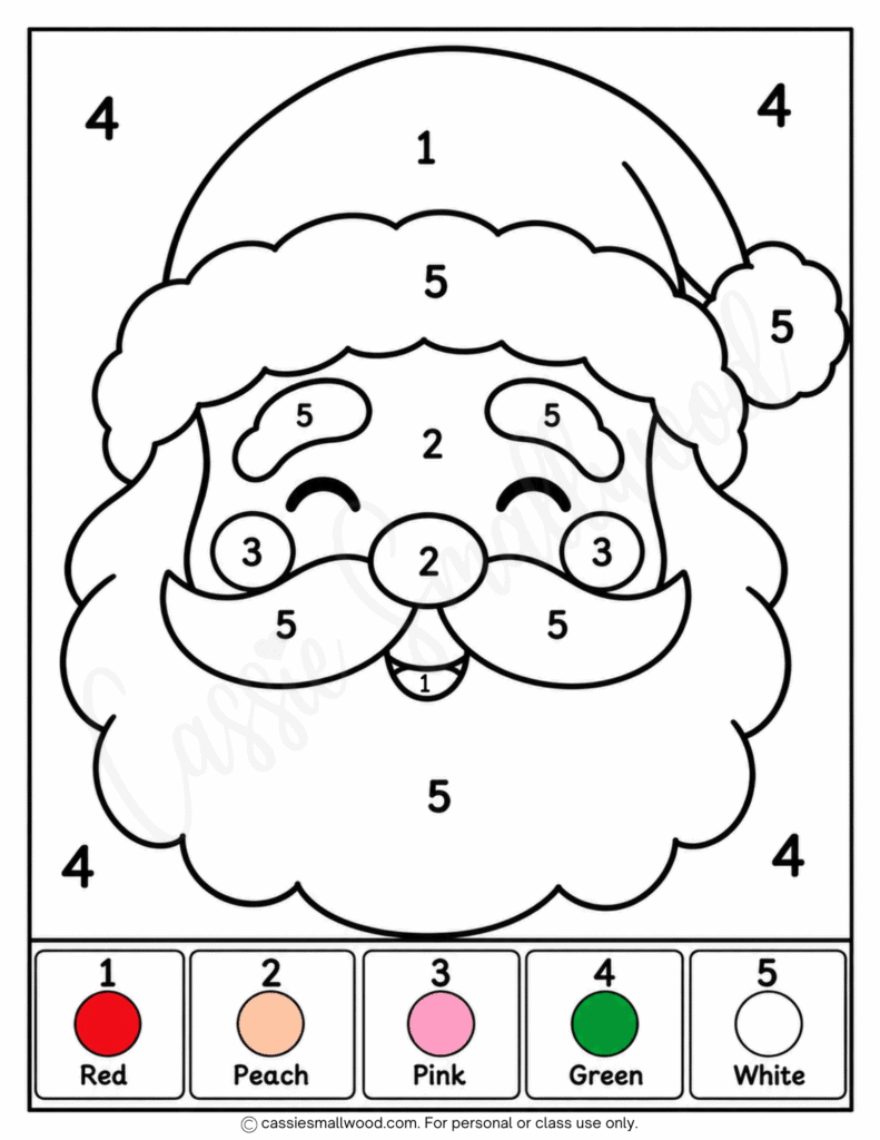 cute easy Santa color by numbers for preschoolers free printable pdf, easy Christmas color by numbers kindergarten, simple Christmas color by number, easy Santa coloring page for kids, simple Santa Claus coloring sheet elementary students downloadable pdf free