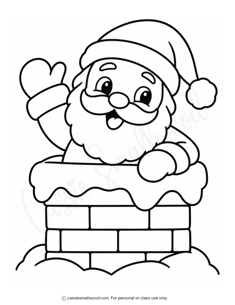 easy Santa in chimney coloring page free printable pdf, simple Santa coloring page preschool kindergarten toddlers, easy Santa Claus coloring page, easy Christmas coloring pages for kids free download pdf