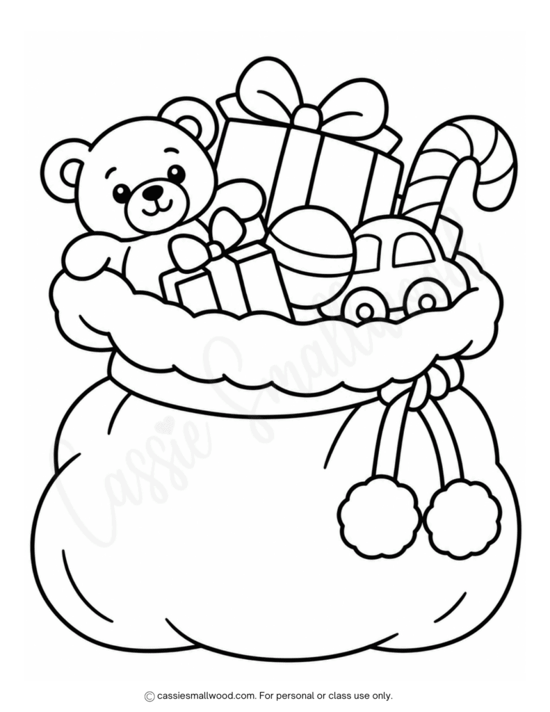 easy Santa sack coloring page for Christmas free printable pdf, Santa's bag coloring page simple full page, easy Christmas coloring pages for kids kindergarten toddlers preschool