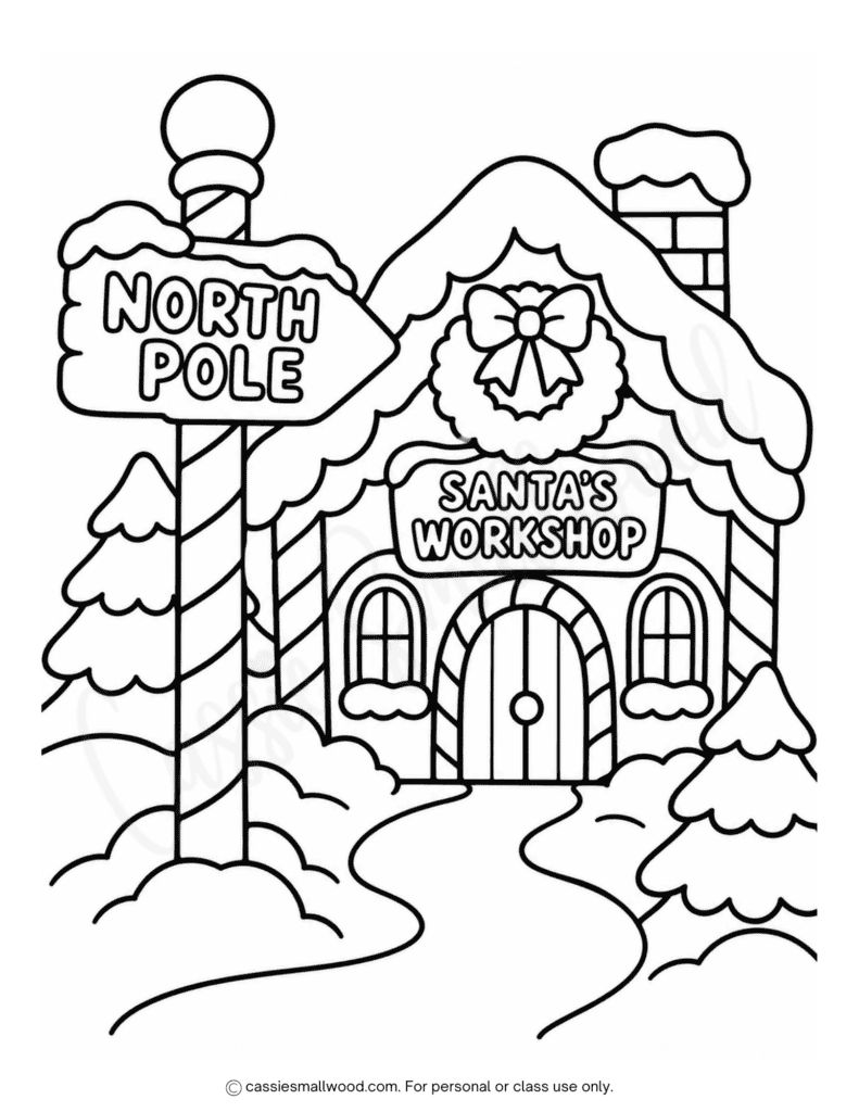 easy Santa's Workshop coloring page free printable pdf, easy North Pole coloring page, simple Christmas coloring pages for kids, easy Christmas coloring pages for kids toddlers preschool kindergarten