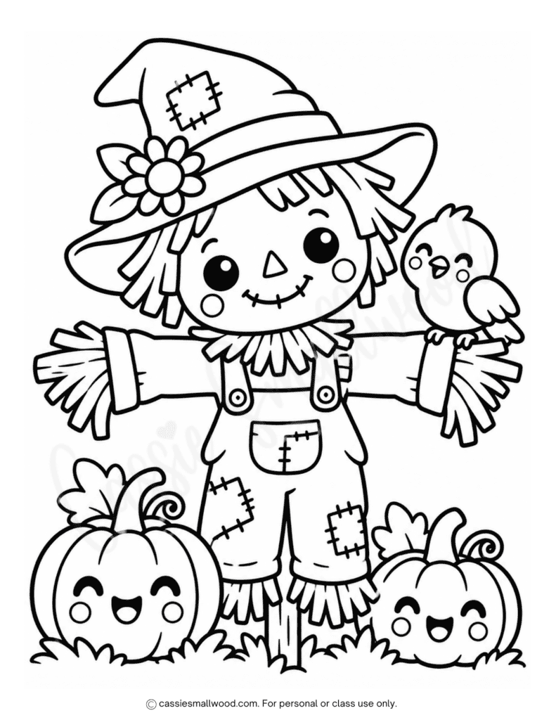easy cute scarecrow coloring page for kids free printable pdf, preschool scarecrow coloring page, fall coloring page for kids cute, Halloween coloring sheet for kids kindergarten free download