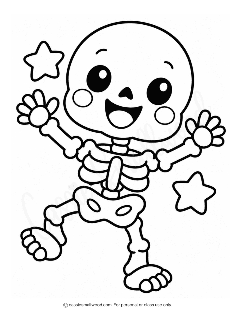 Easy skeleton Halloween coloring page free printable pdf, simple skeleton coloring page preschool, easy cute Halloween coloring pages for kids, toddler Halloween coloring sheets, kindergarten Halloween coloring pictures free download pdf