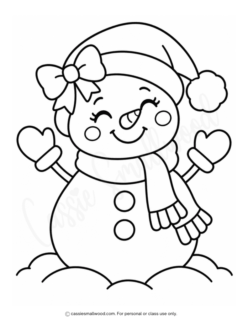 easy snow woman coloring page free printable pdf, simple girl snowman coloring sheet preschool kindergarten toddlers, easy winter coloring page for kids, easy Christmas coloring pages for kids free download pdf