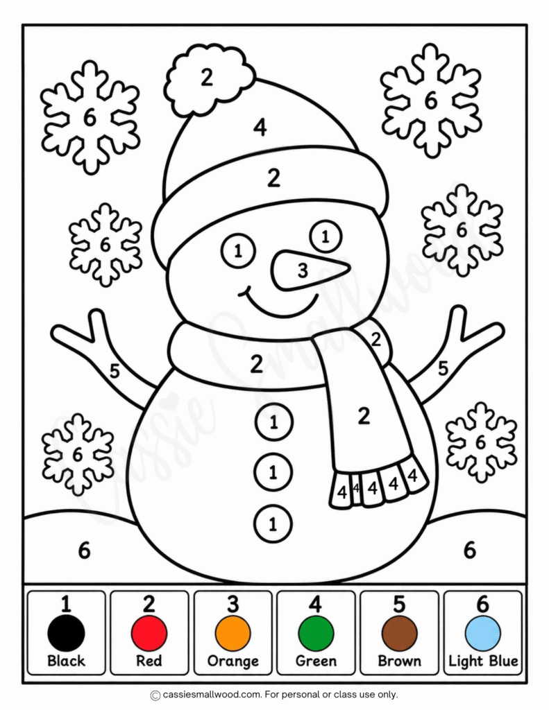 easy snowman color by number free printable pdf, easy Christmas color by number printables free, preschool Christmas color by number, kindergarten Christmas color by number simple, easy Christmas coloring pages for kids free printable pdf, simple Christmas coloring sheets for kids free download pdf, easy winter coloring pages for kids