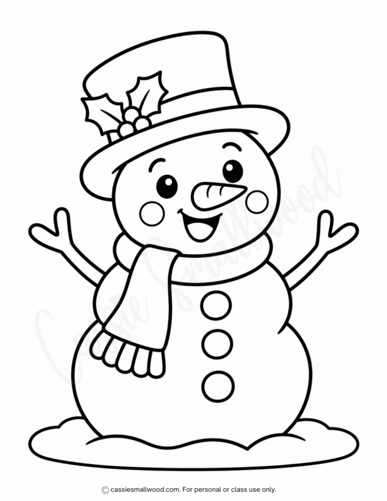easy snowman coloring page free printable pdf, simple snowman coloring page preschool toddlers kindergarten, Christmas snowman coloring page for kids, full page snowman coloring sheet for Christmas, winter coloring page for kids, easy Christmas coloring page for kids