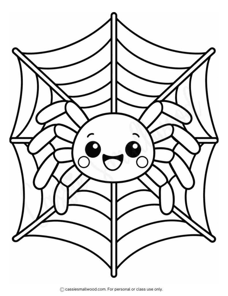 Easy spider Halloween coloring sheet for kids free printable pdf, preschool Halloween coloring page spider, simple spider coloring page, simple Halloween coloring page toddlers, kindergarten Halloween coloring pictures free download pdf, cute spider and web coloring page