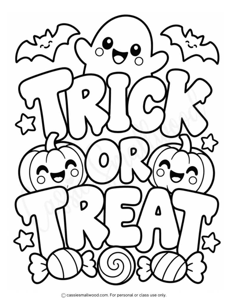 easy trick or treat coloring page free printable pdf, simple Halloween coloring page for kids preschool, easy halloween coloring sheets for toddlers, Kindergarten Halloween coloring pictures, cute kawaii halloween coloring pages free download pdf