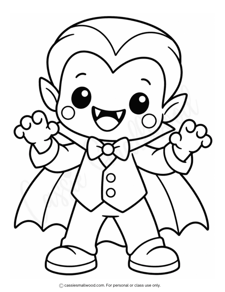 easy vampire Halloween coloring picture free printable pdf, cute Vampire coloring page for kids free download, easy Halloween coloring pages preschool, kindergarten, toddlers, simple Halloween coloring sheets for kids bold