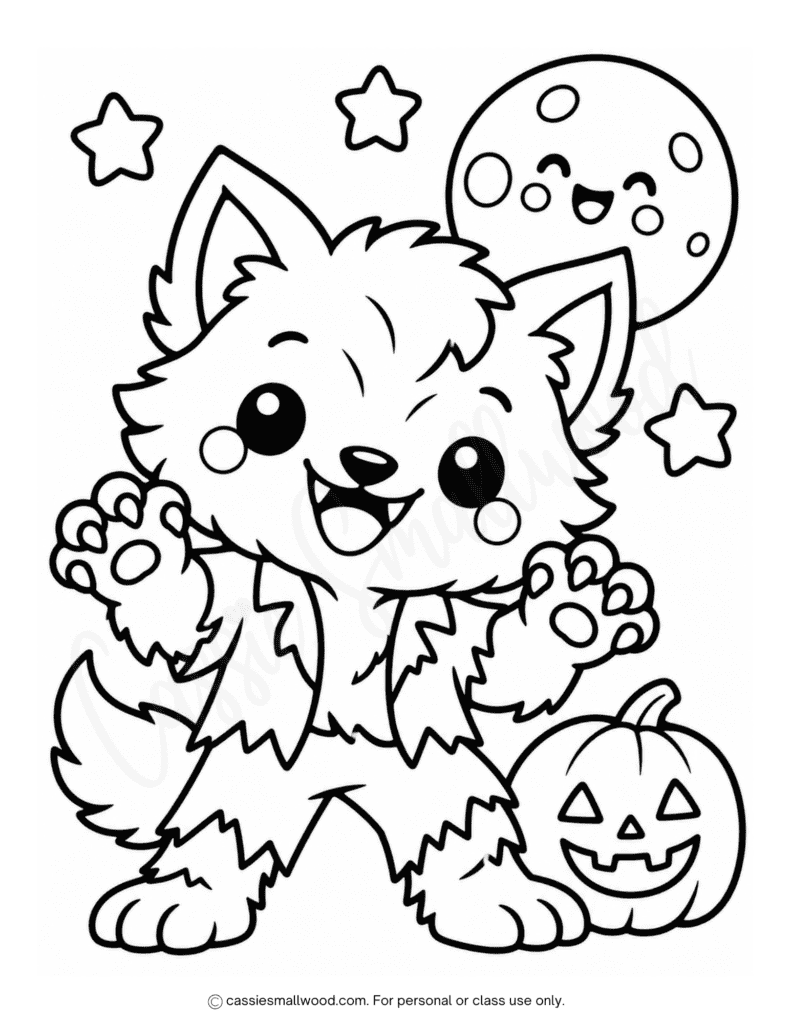easy werewolf Halloween coloring sheet free printable pdf, easy Halloween coloring pages for kids, cute Halloween coloring page preschool, toddler Halloween coloring sheets kawaii cute, kindergarten Halloween coloring pages