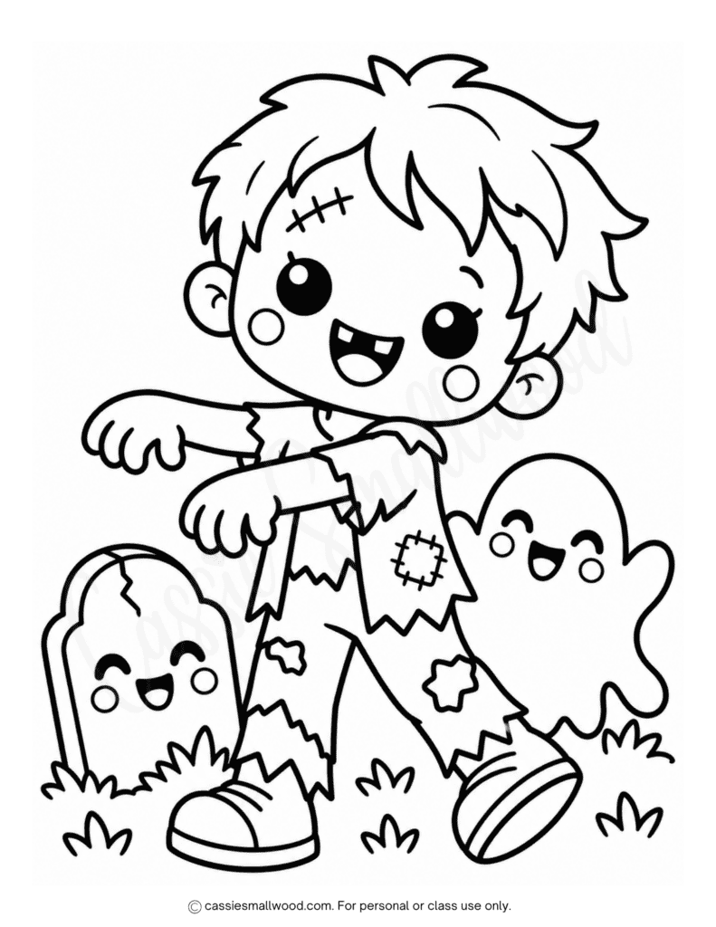 easy zombie Halloween coloring page for kids free printable pdf, kawaii halloween coloring sheet simple, cute Halloween coloring sheet preschool, zombie coloring page for kids simple