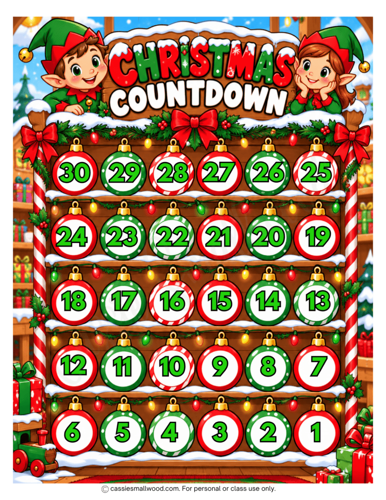 cute elf 30 day Christmas countdown calendar for kids free printable pdf, Fun countdown to Christmas calendar preschool, diy Days until Christmas tracker, elf Christmas countdown tracker free download pdf