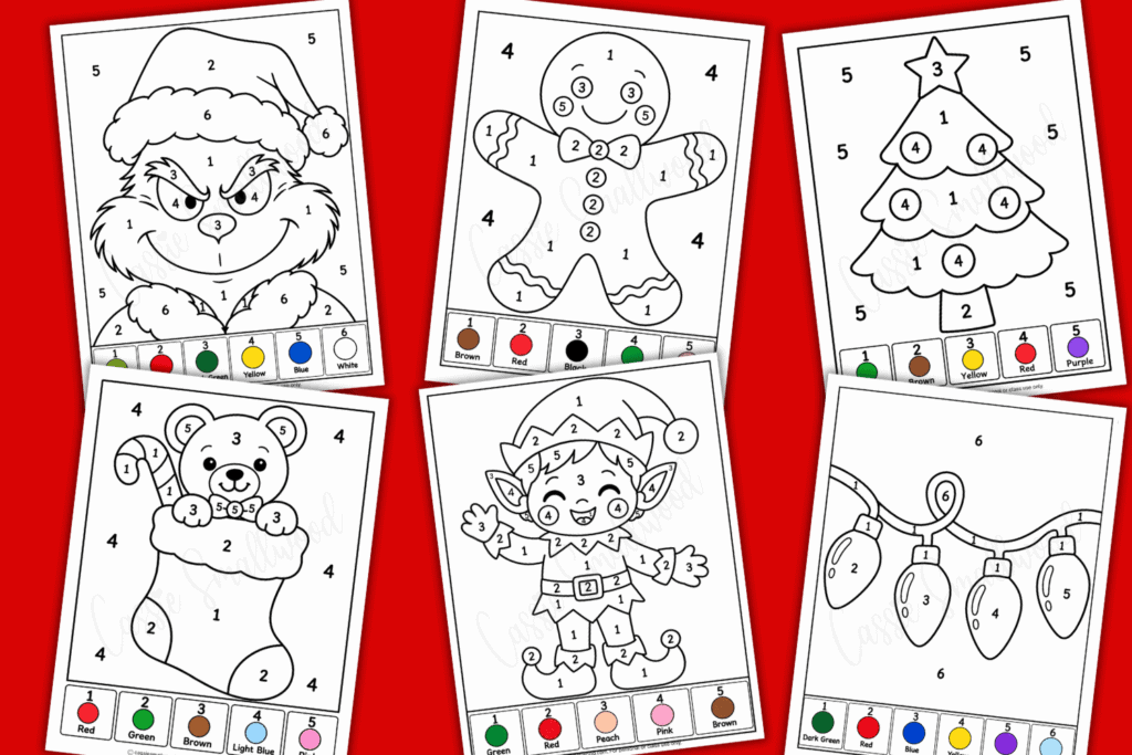 free printable Christmas color by numbers easy, preschool Christmas color by number coloring pages, easy Christmas coloring pages for kids, kindergarten Christmas activity sheets fun