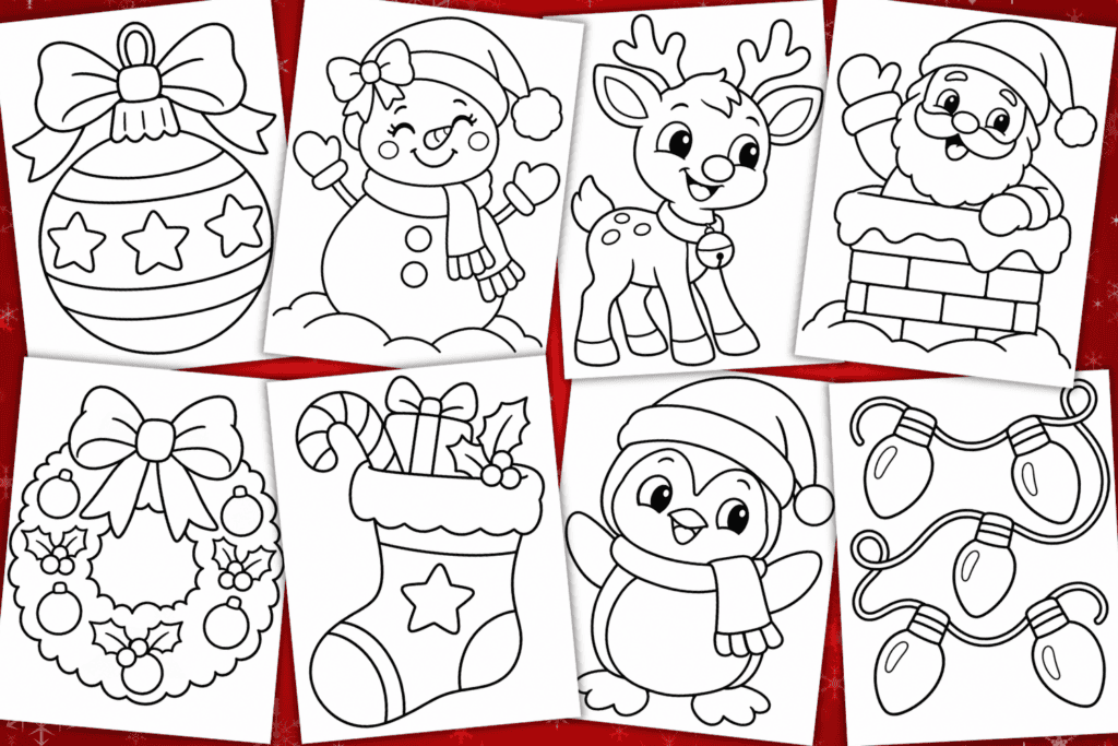 free printable preschool Christmas coloring pages pdf, easy Christmas coloring pages for kids cute, toddler Christmas coloring sheets, kindergarten holiday coloring pages simple bold