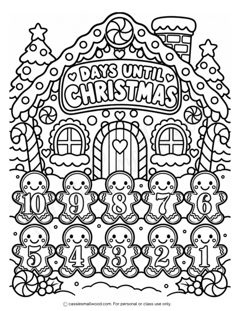 cute gingerbread 10 day coloring Christmas countdown calendar for kids free printable pdf, Countdown to Christmas calendar to color 10 days, Days until Christmas tracker for kids template free download pdf preschool elementary school toddlers holiday activity sheet