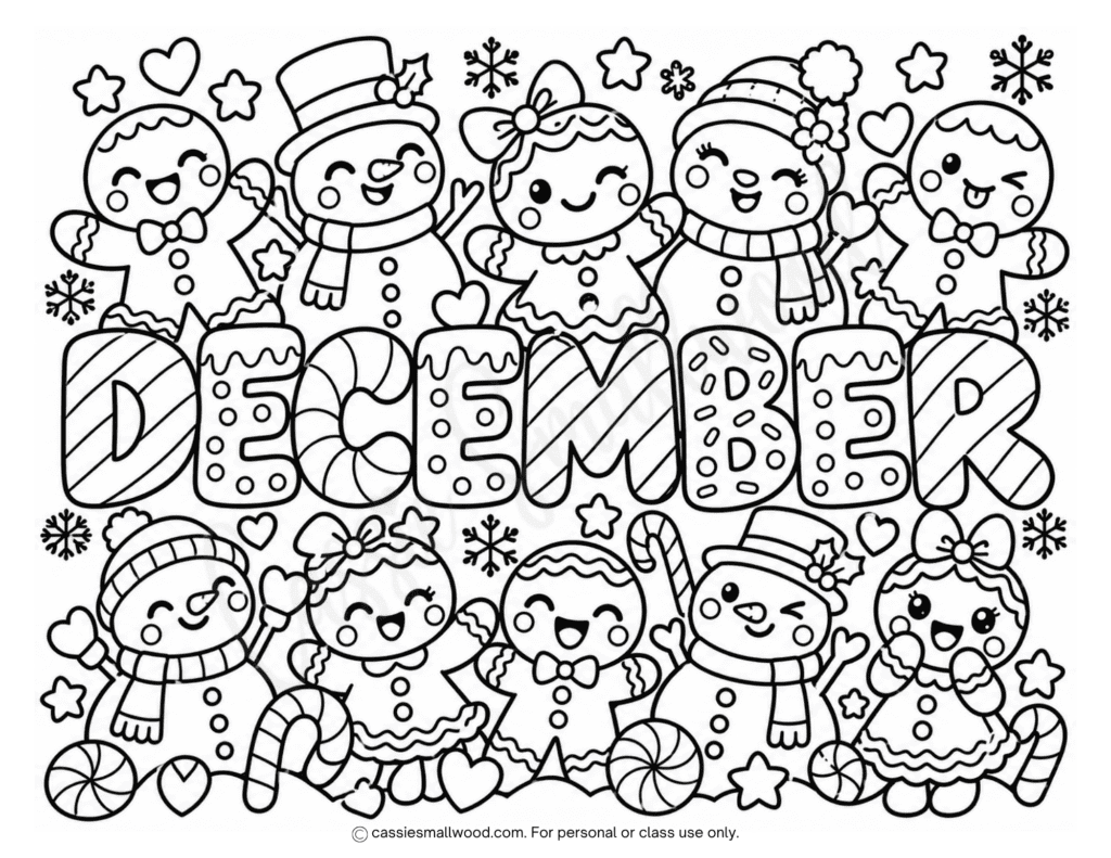 cute gingerbread and snowman December coloring page free printable pdf, fun December coloring sheet for kids, snowman coloring sheet for kids, gingerbread man coloring page for children, December coloring sheet winter