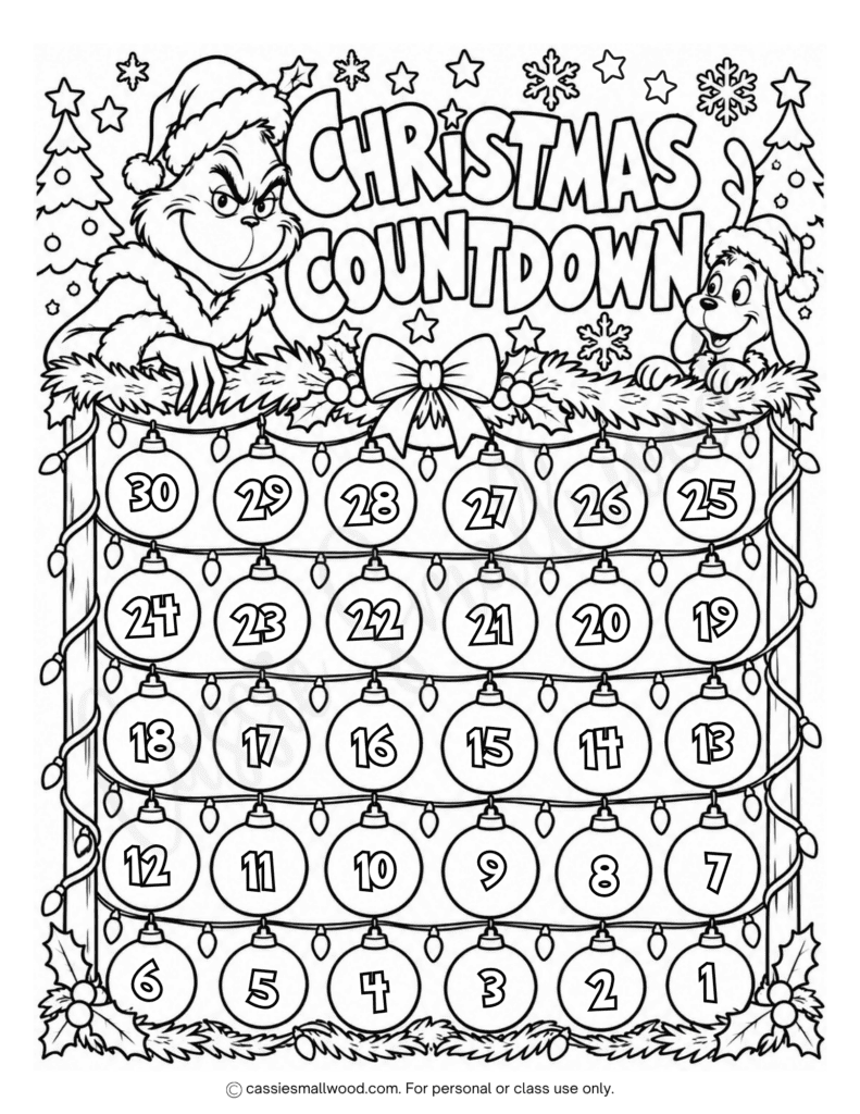 cute Grinch 30 Day Christmas countdown coloring page free printable pdf, fun Countdown to Christmas calendar for kids to color, 30 Days until Christmas calendar coloring sheet, school Christmas activity sheet elementary students preschool