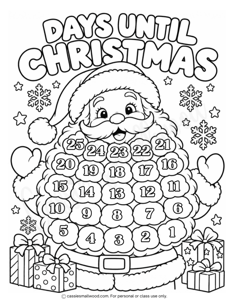 Free printable Santa 25 day Christmas countdown calendar coloring page pdf, Santa Countdown to Christmas calendar to color for kids, Days until Christmas calendar coloring page preschool kindergarten toddlers elementary school