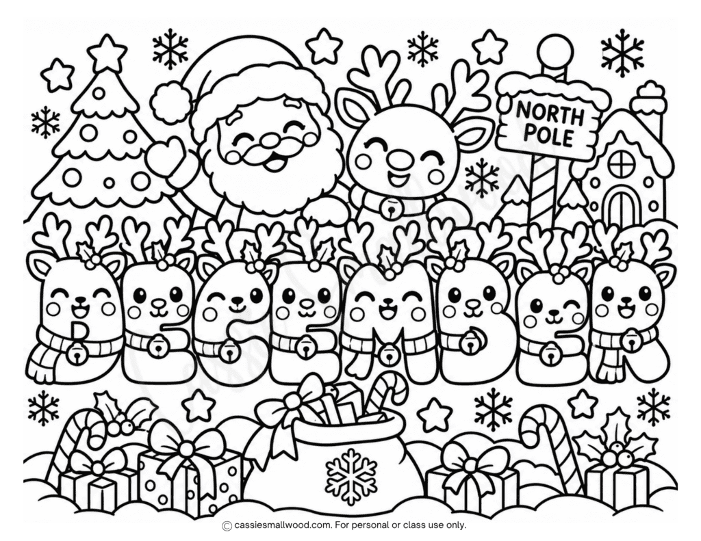 Santa and reindeer December coloring page printable pdf free download, cute December coloring page for kids, children's December coloring sheet, Santa and reindeer coloring page