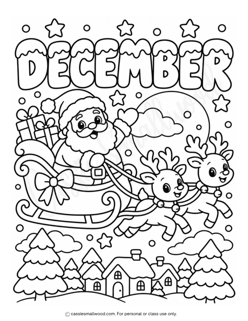 cute Santa Claus December coloring page free printable pdf, Santa Christmas coloring page for kids, holiday December coloring sheet