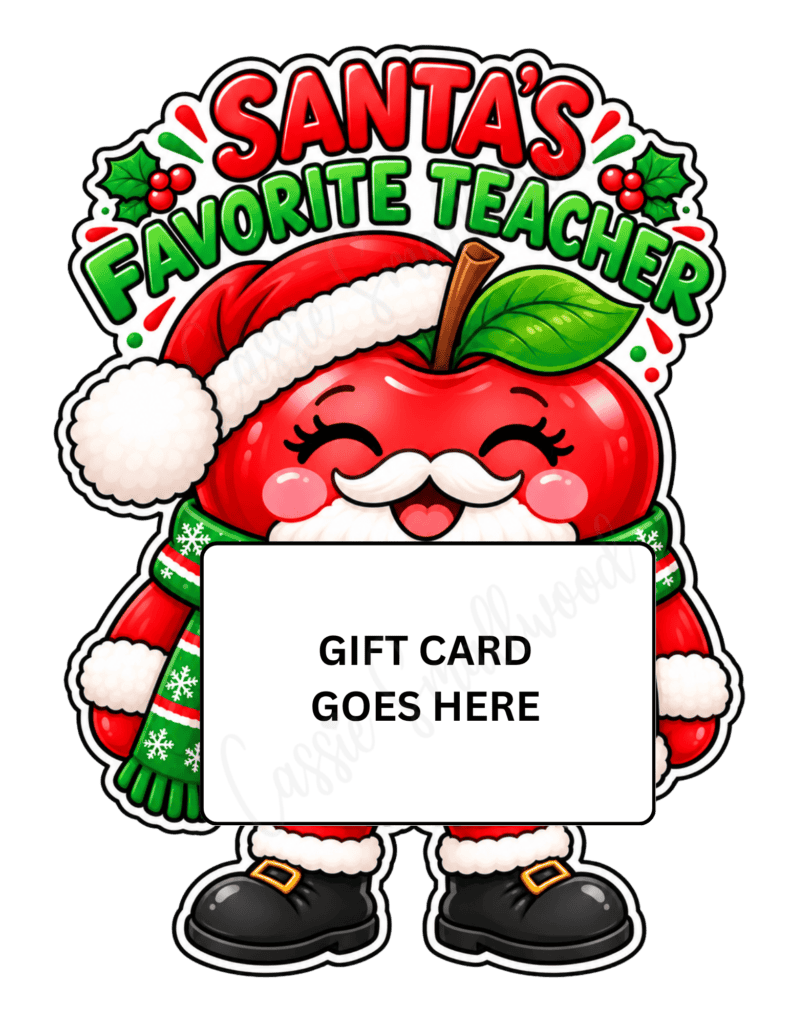 Santa's favorite teacher Christmas gift card holder free printable pdf, cute teacher holiday gift card holder, Thank you teacher Christmas gift card holder free download pdf, teacher gift card sleeve idea Xmas