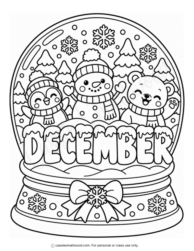 cute snow globe December coloring page for kids free printable pdf, winter snowglobe coloring sheet for children, cute winter coloring page, December coloring sheet for kids