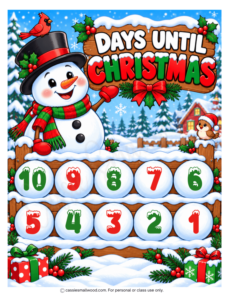 snowman 10 Day Christmas countdown calendar free printable pdf, Days until Christmas countdown calendar free download, cute Countdown to Christmas tracker for kids preschool elementary school toddlers