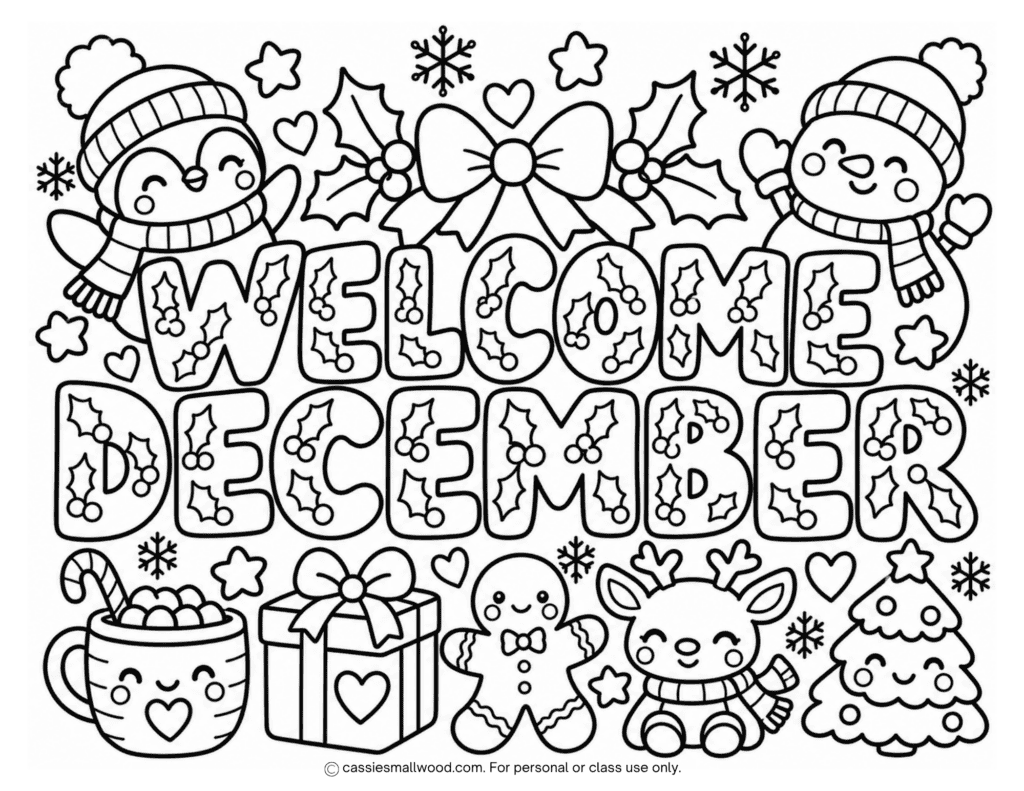 cute welcome December coloring page printable free pdf, winter December coloring sheet for kids, snowman coloring page, penguin coloring page, reindeer coloring page, winter coloring page December free download