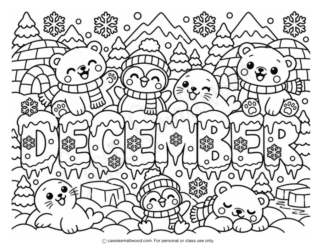 winter animals December coloring page for kids free printable pdf, penguin coloring page, seal coloring page, polar bear coloring page, igloo coloring page, winter coloring sheet for children